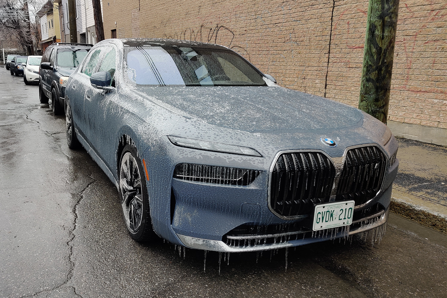 A BMW i7 in a late-spring ice storm. We tested the electric vehicle to see if it could handle the worst weather conditions.