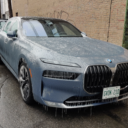 A BMW i7 in a late-spring ice storm. We tested the electric vehicle to see if it could handle the worst weather conditions.