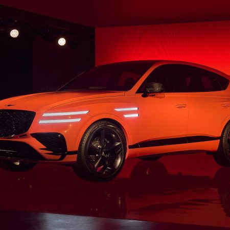 The orange Genesis GV80 Coupe Concept at the 2023 New York Auto Show