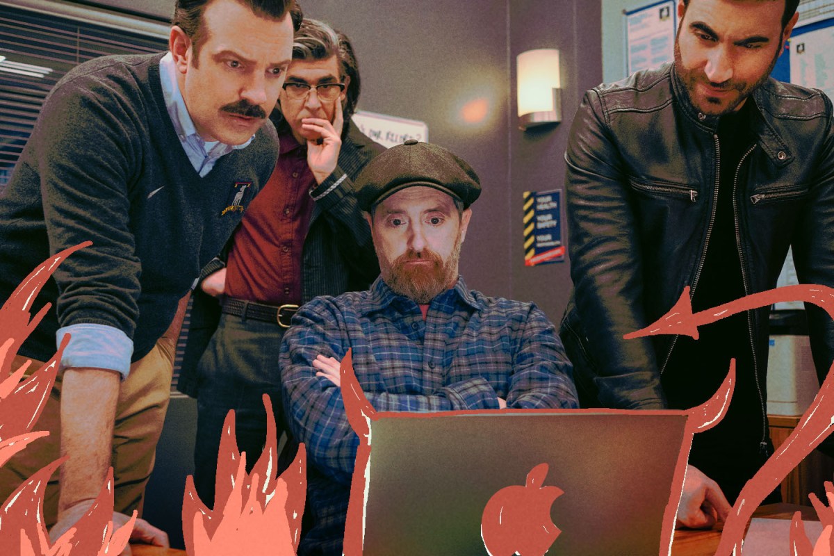 Ted Lasso, Coach Beard, Roy Kent and Trent Crimm staring at an Apple computer with devil horns surrounding it.