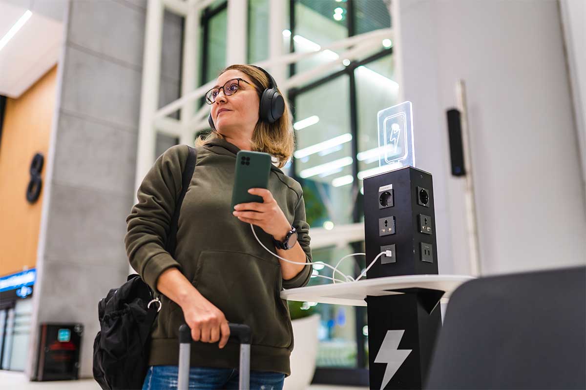 Woman waiting for her flight at the airport while charging her phone at charging station. The FBI recently released a warning about charging your phone in public charging spots.
