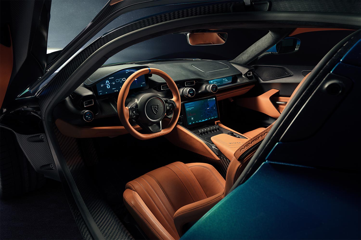 The cockpit and dashboard of the 2023 Rimac Nevera