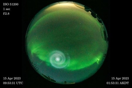 A spiral amid the northern lights in Alaska, which was apparently caused by a SpaceX rocket