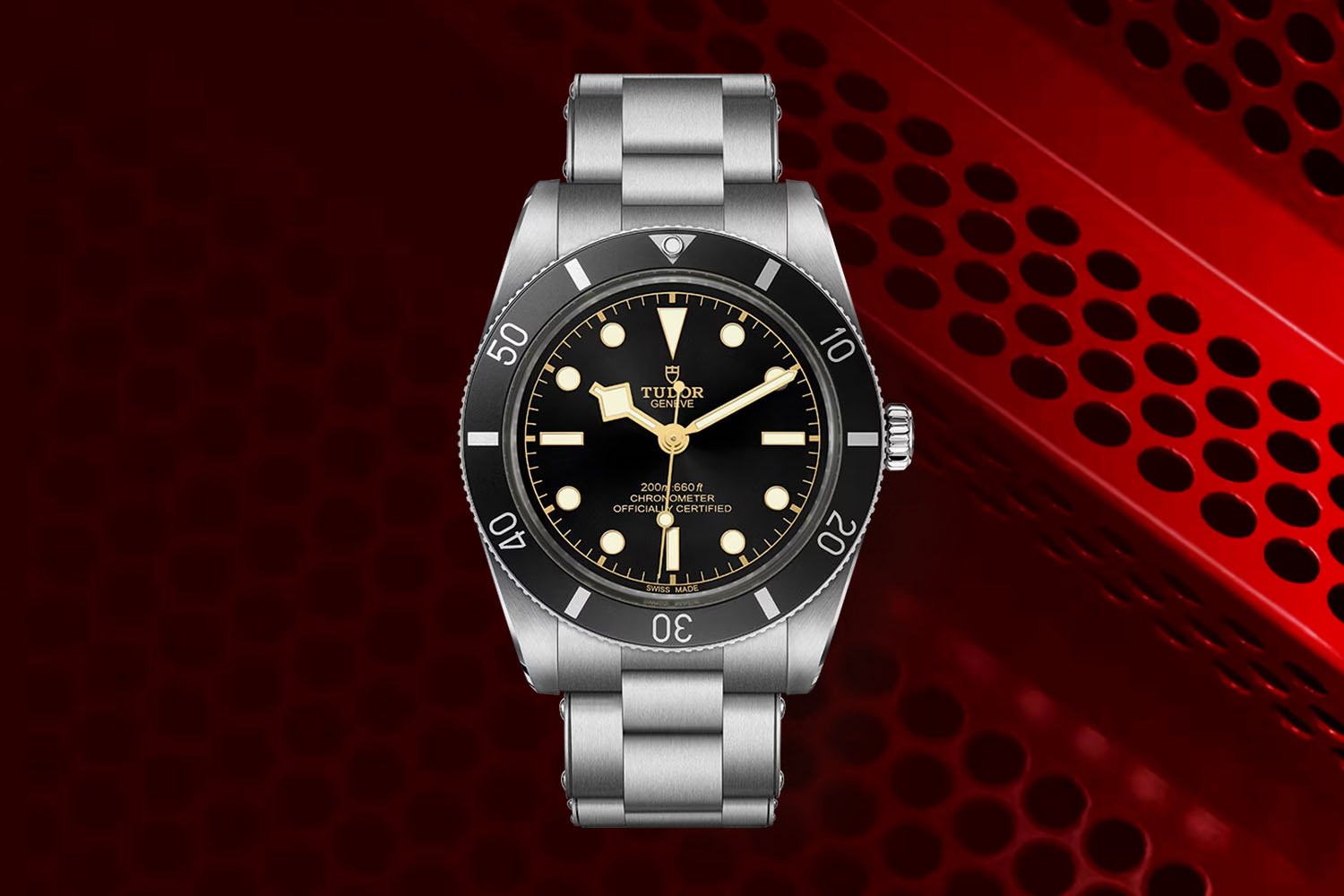 The new Tudor Black Bay 54 Dive Watch on a black and red background