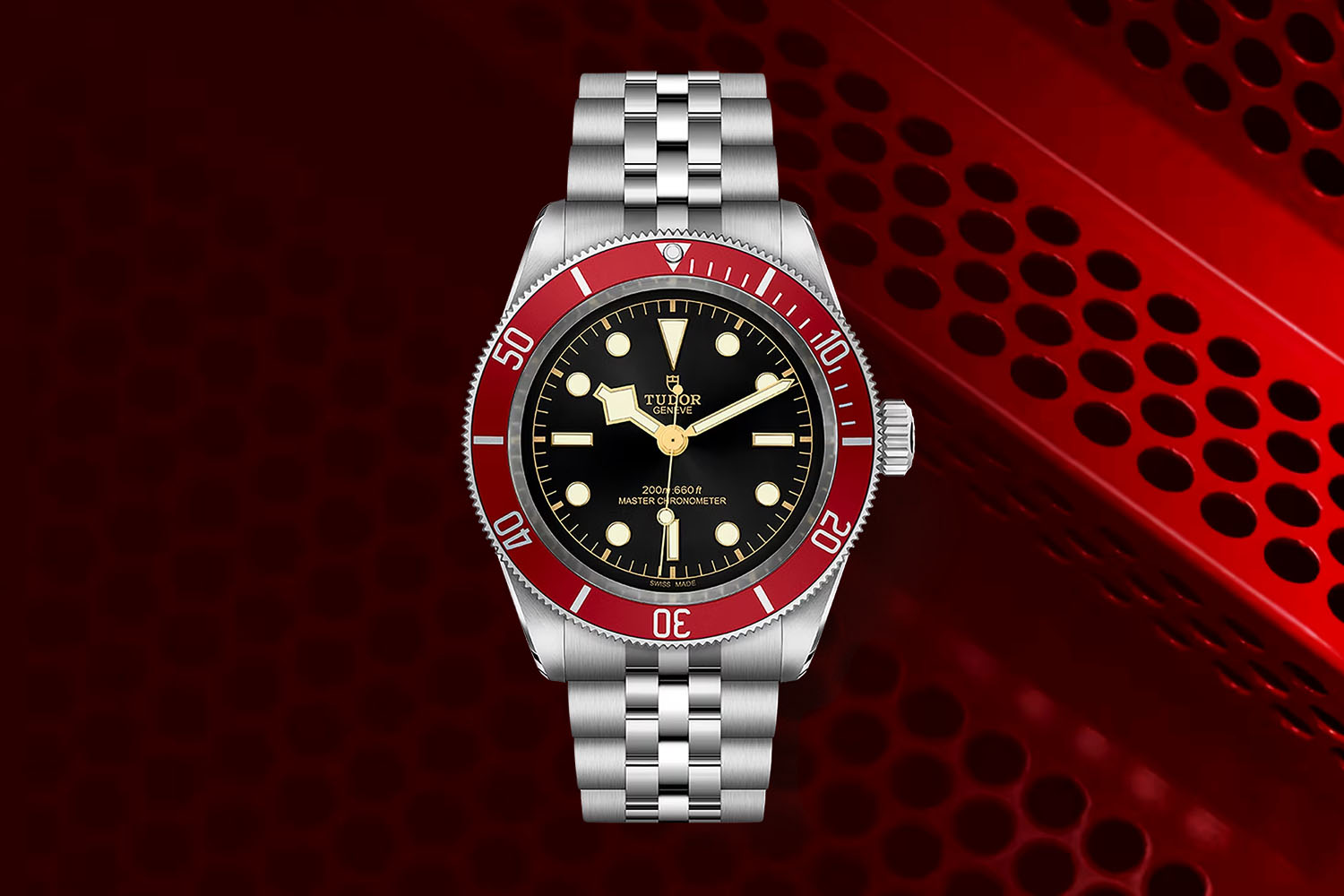 A METAS-certified Black Bay 41 on a black and red background