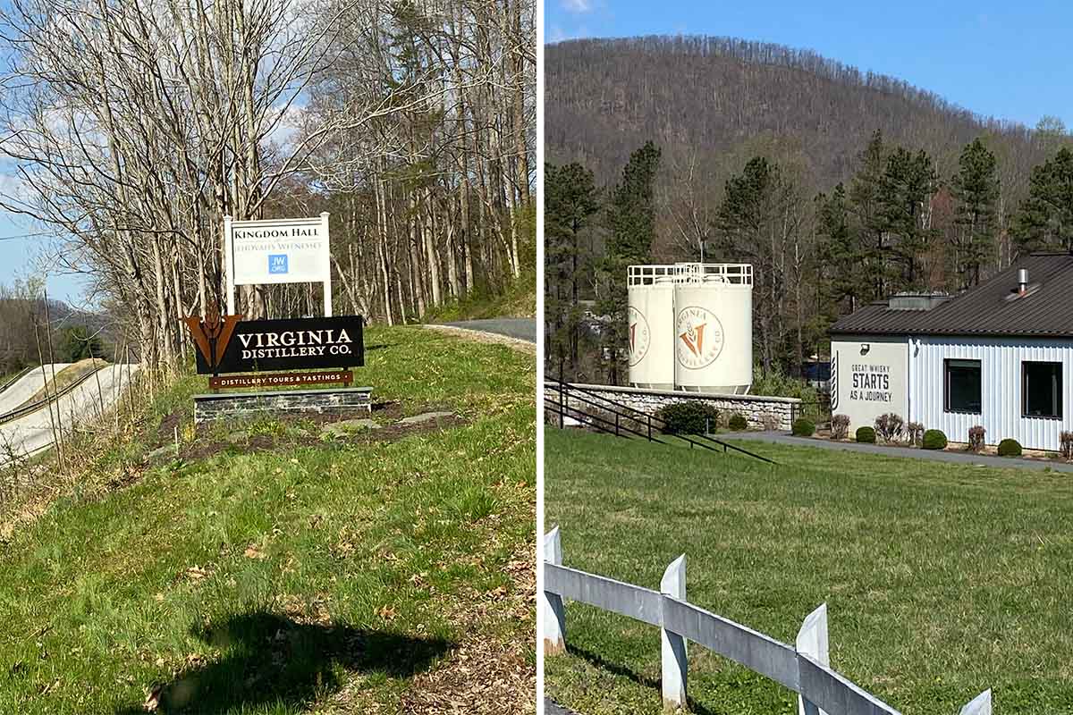 Two photos: The road to Virginia Distillery Co and the first buildings you see at the property