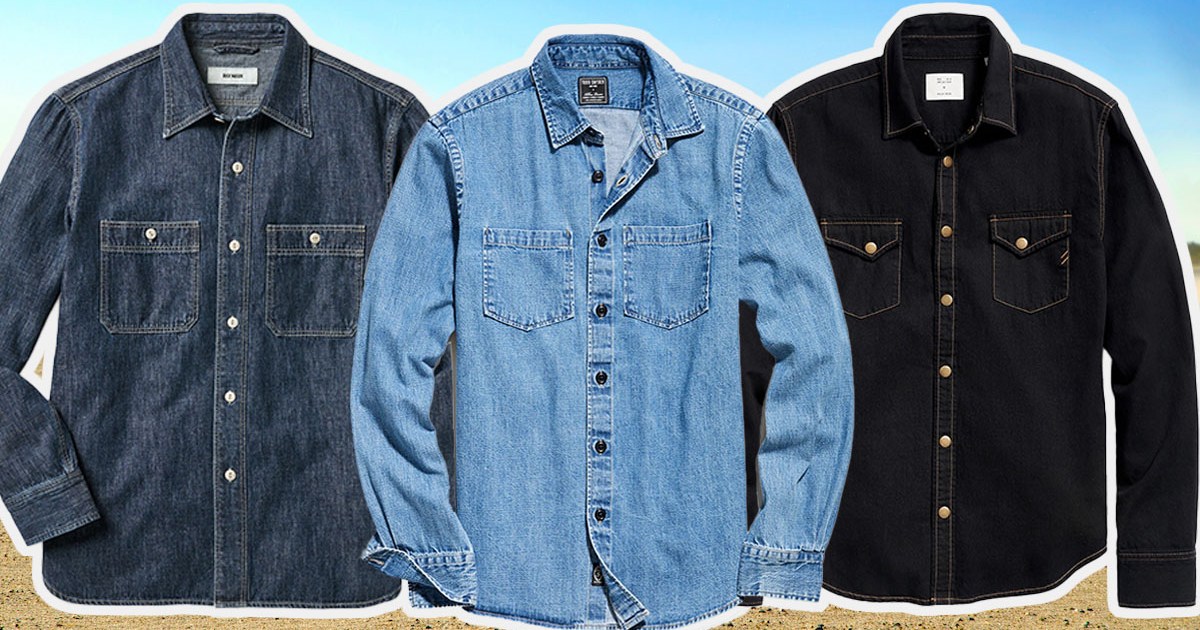 a collage of the best mens denim shirts on a dusty background