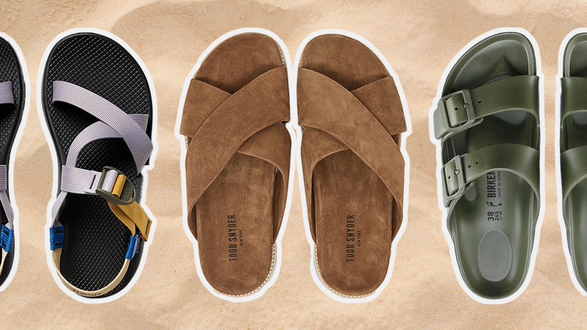 a collage of the best sandals for men on a sandy backgroud