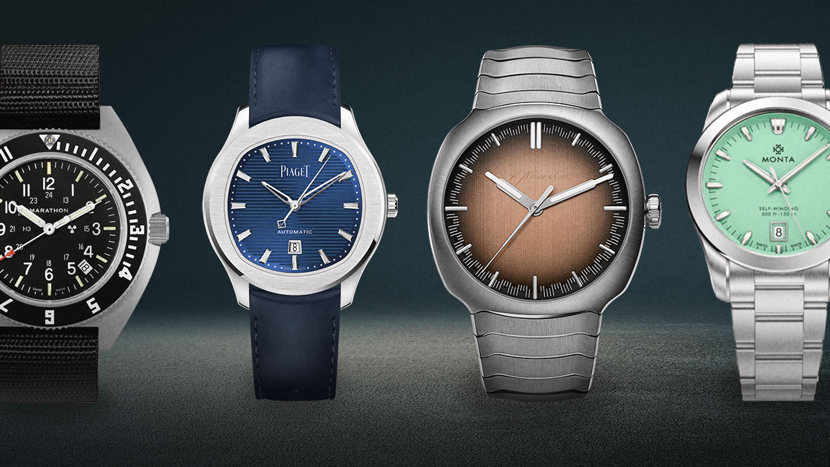 Several watches side-by-side in black, dark blue, brown and cyan.