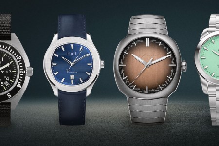 Several watches side-by-side in black, dark blue, brown and cyan.