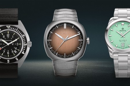 Several watches side-by-side in black, dark blue, brown and cyan.