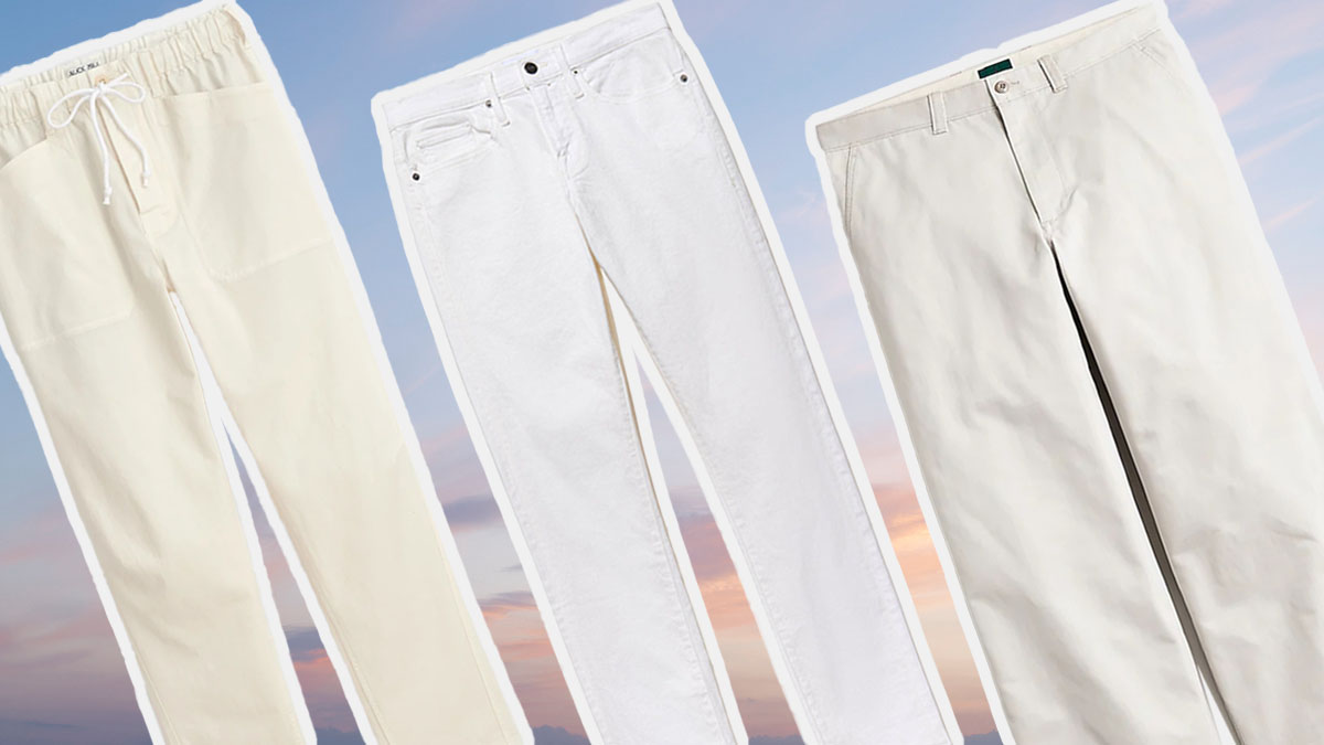 a collage of the best white pants for men on a sunset background