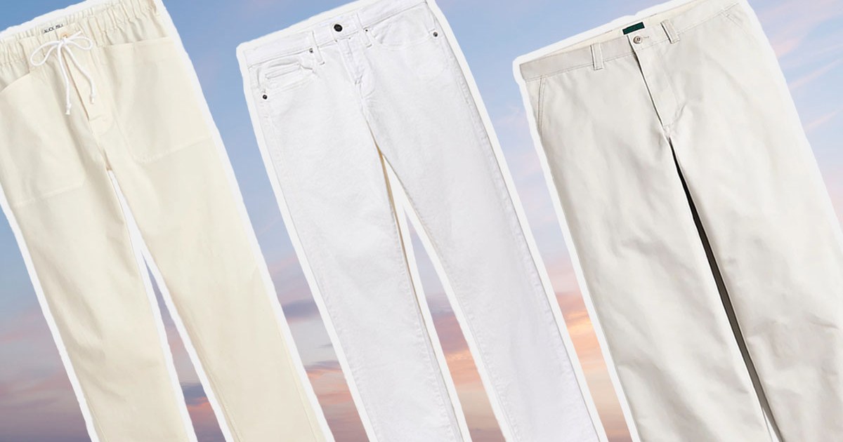 a collage of the best white pants for men on a sunset background