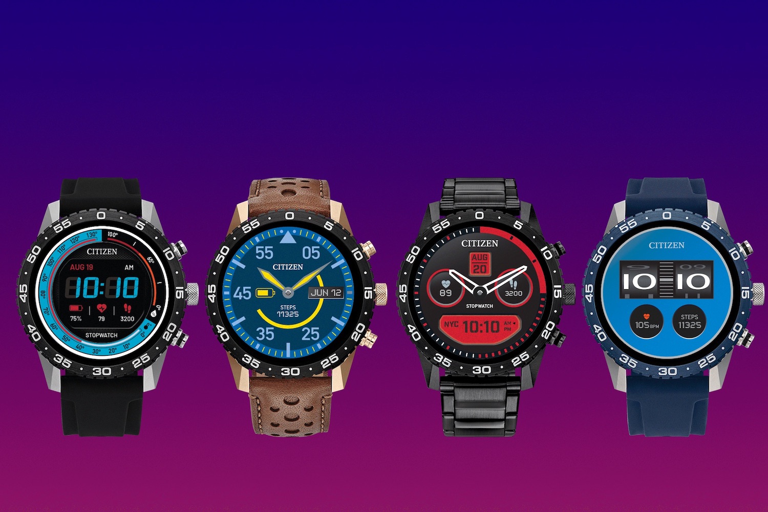 a collage of Citizen CZ Smart PQ2 Watches on a blue to red gradient background