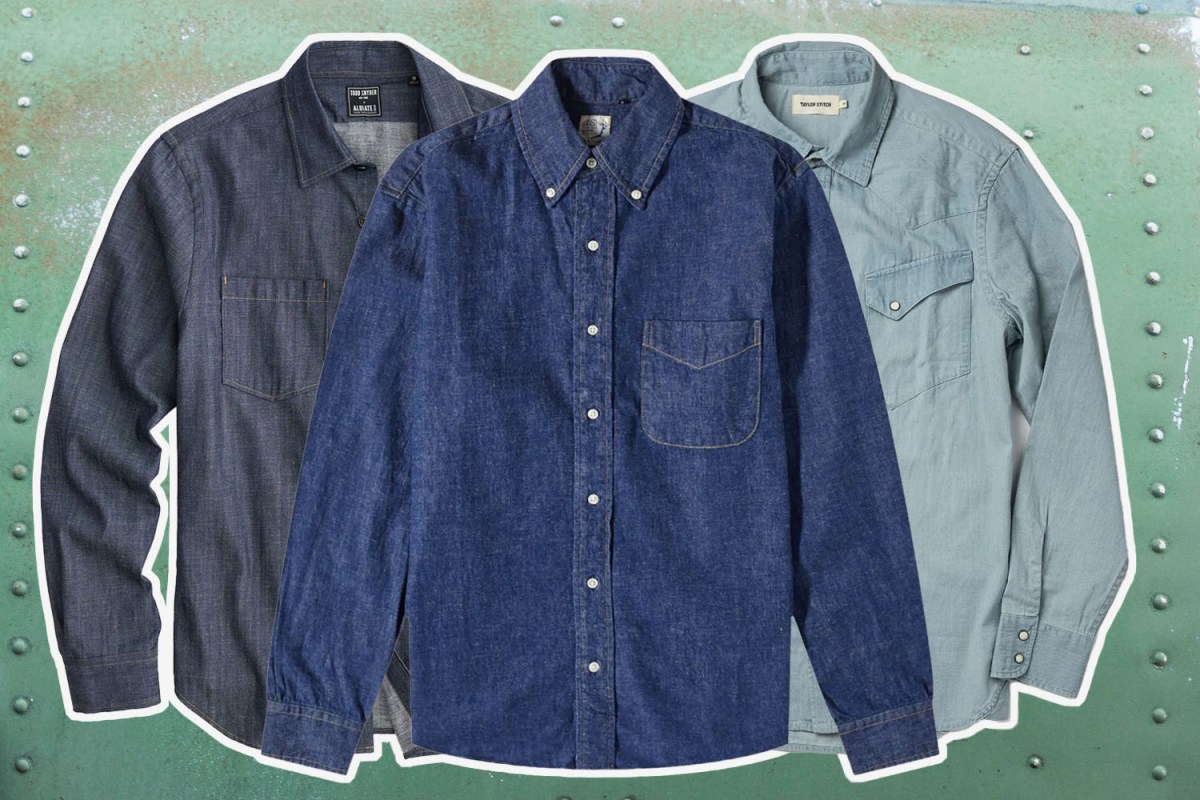 a collage of the best mens denim shirts on a dusty background