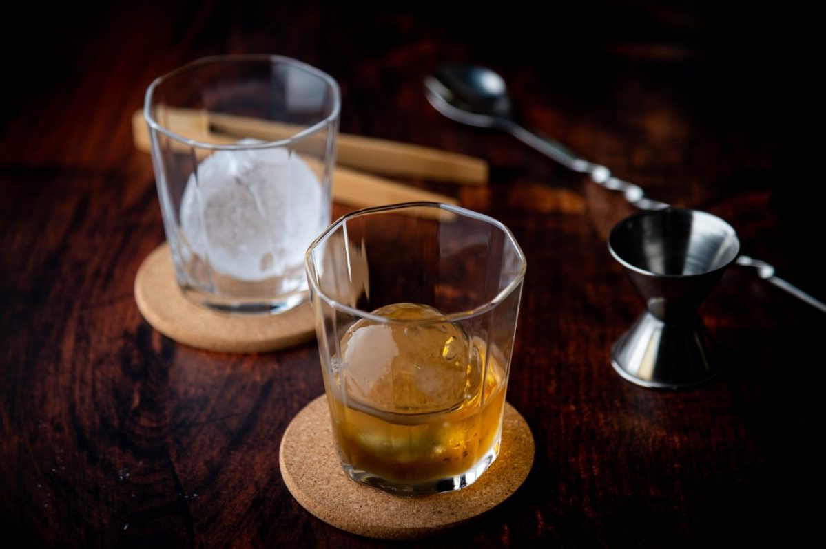 whiskey on the rock with perfect ice ball
