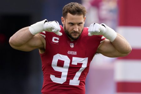 Nick Bosa takes the field for the San Francisco 49ers.