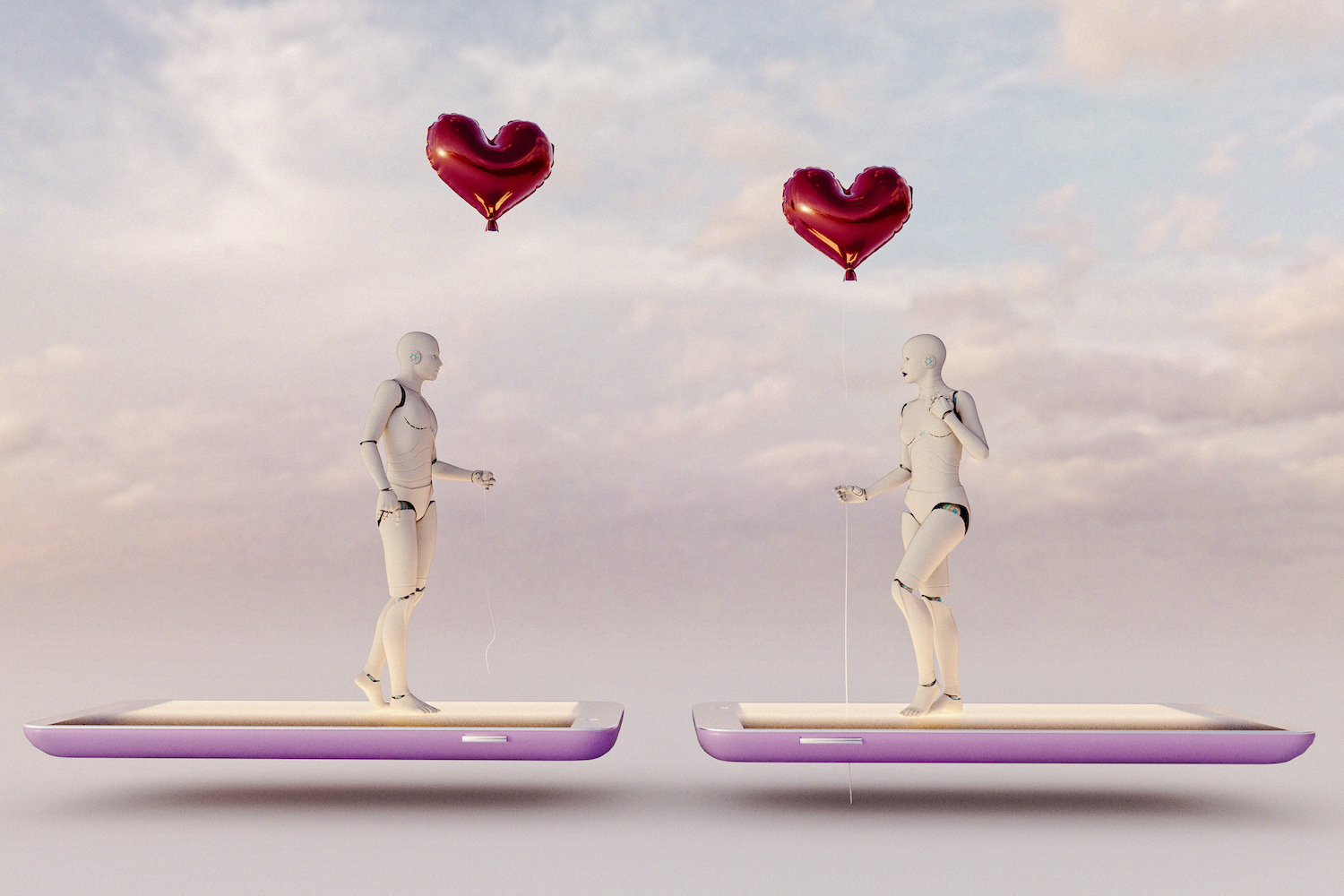 male and female artificial intelligences meet holding red balloons while standing on mobile phones