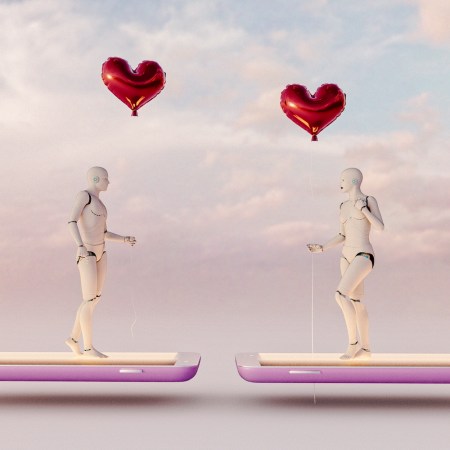 male and female artificial intelligences meet holding red balloons while standing on mobile phones