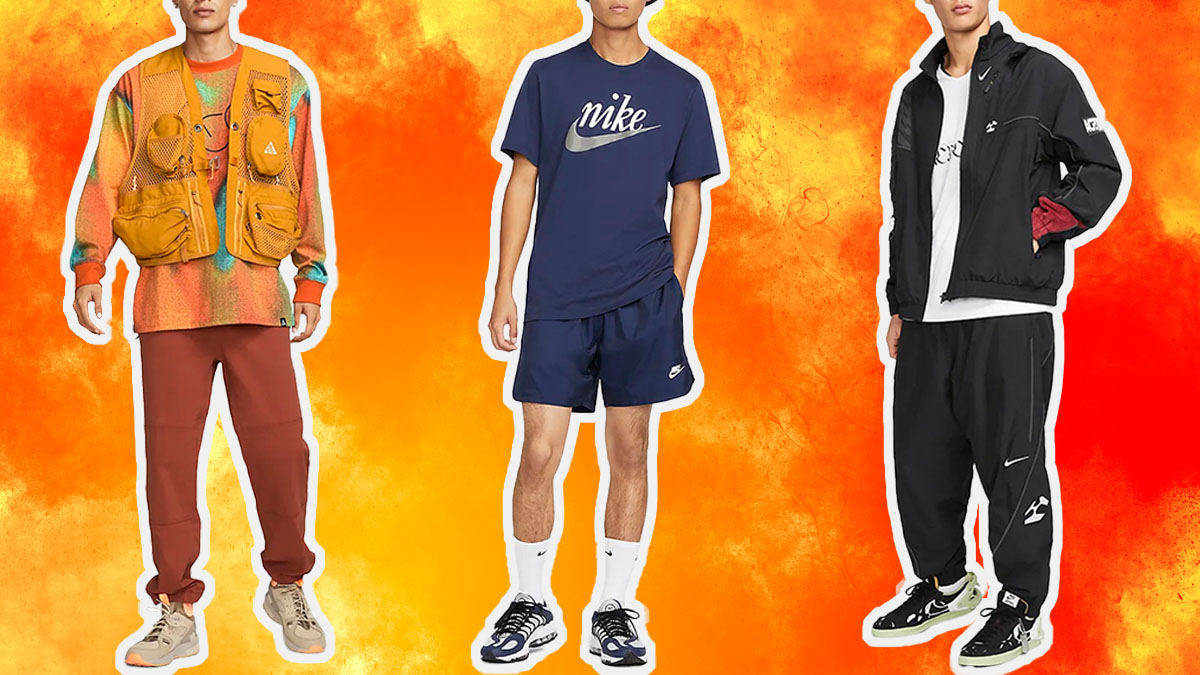 a collage of models in Nike gear on a firey background