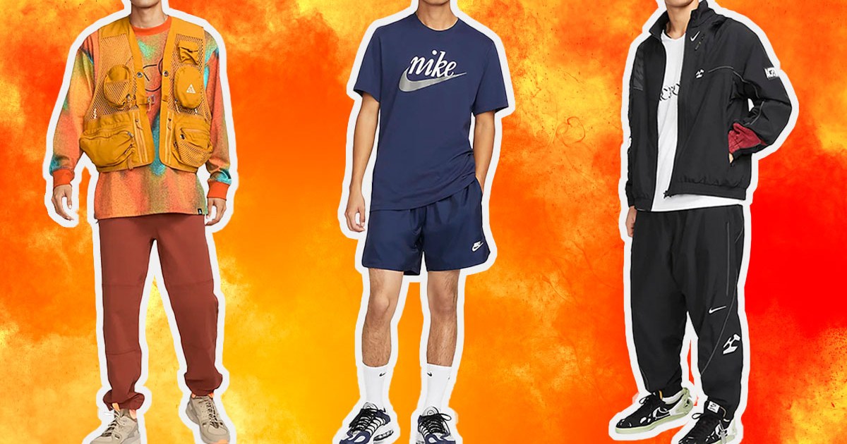 a collage of models in Nike gear on a firey background