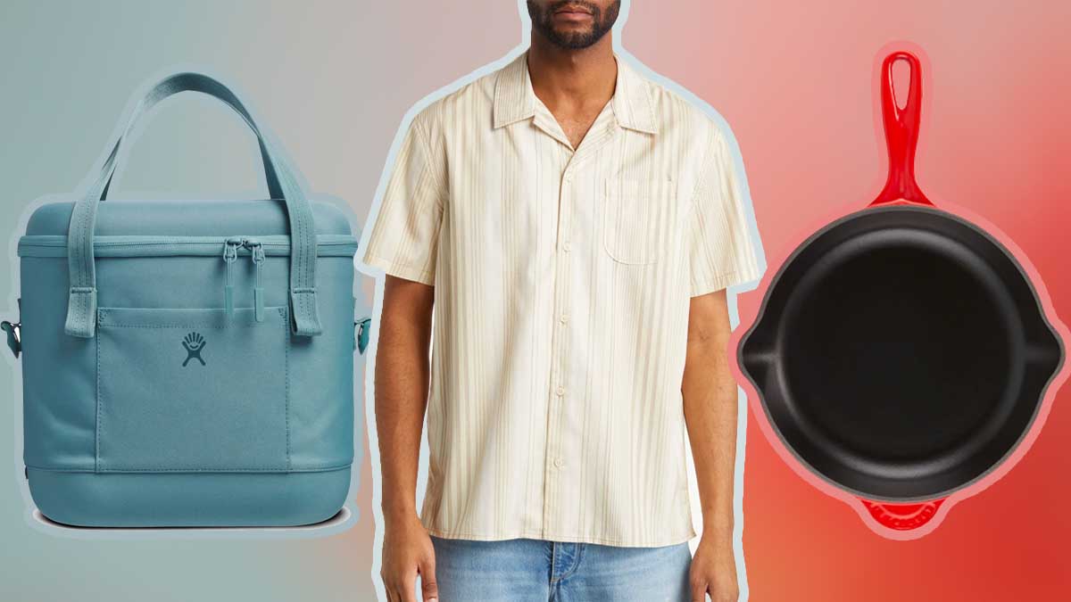 A Hydro Flask cooler, button up short sleeve and le creuset pan, all on sale during Nordstrom's Half-Yearly Sale