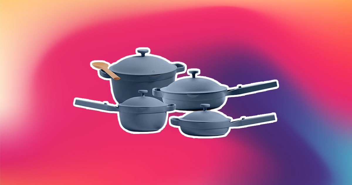 Our Place Cookware set on an abstract blue and red background