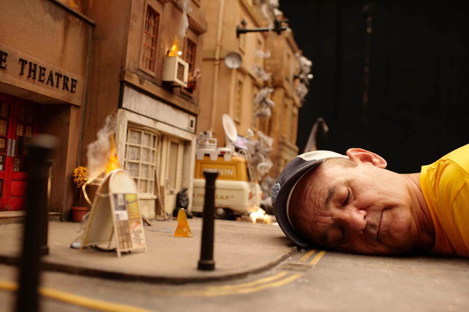 "Here’s Bill Murray on the set of <em>Fantastic Mr. Fox</em>, a stop-motion animation directed by Wes Anderson. I was only on set for a day. Bill and I were walking around the set and I got him to lie down in this sort of Lilliputian frame, which references <em>Gulliver’s Travels</em>. He’s doing nothing; he looks like he’s asleep, like this giant has had the biggest night out and has fallen asleep in a little village. There aren’t a lot of photos of mine that I have framed at home. But this is one of them because it’s a picture I keep looking at. It makes me chuckle every time I see it."<br>