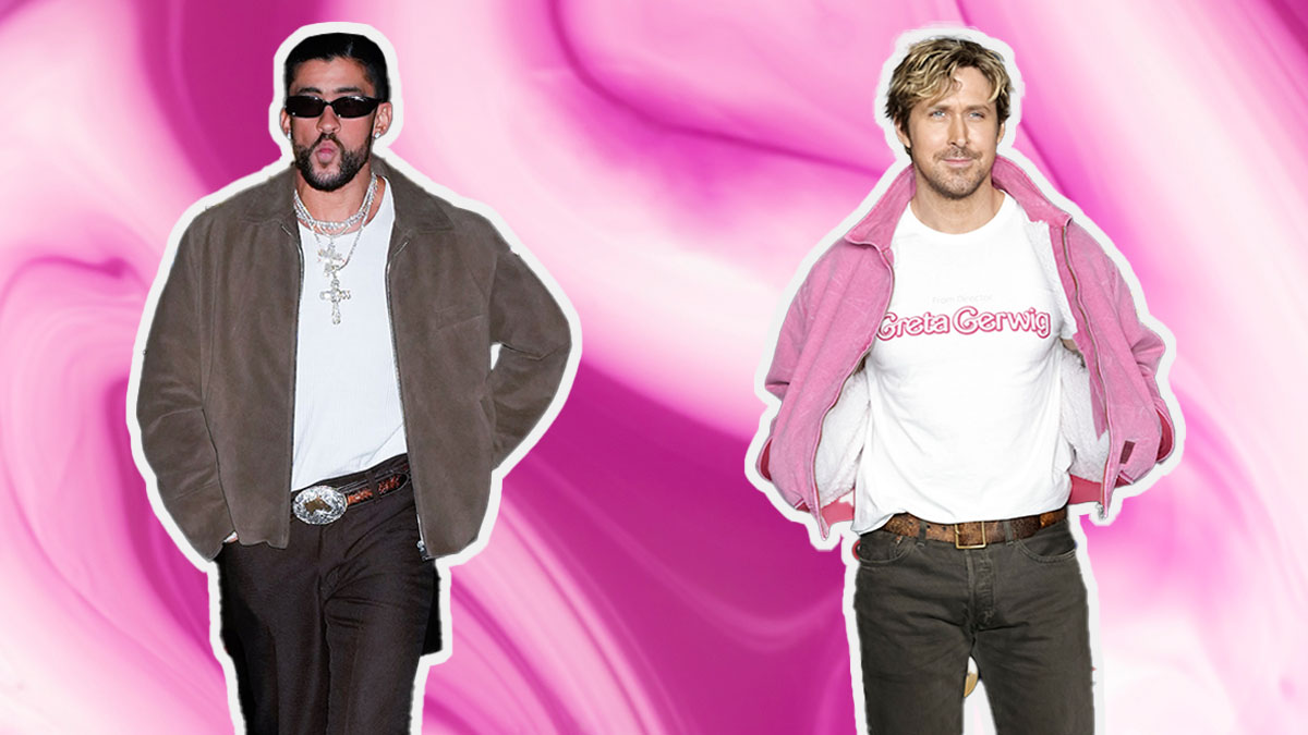 Ryan Gosling and Bad Bunny on a pink swirly background