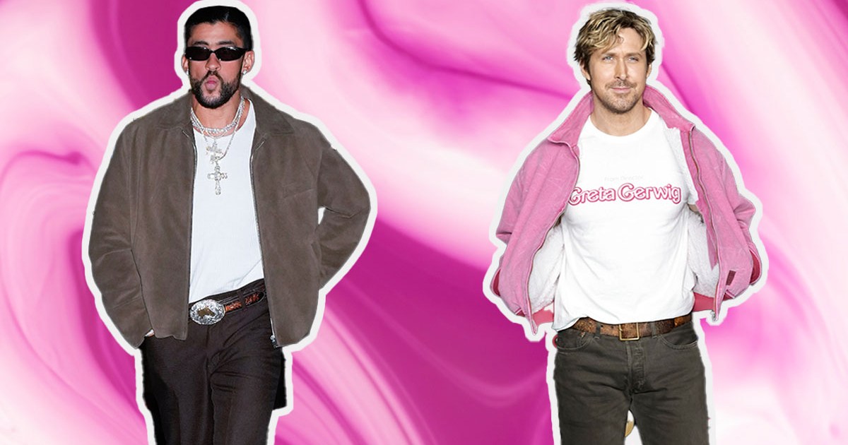 Ryan Gosling and Bad Bunny on a pink swirly background