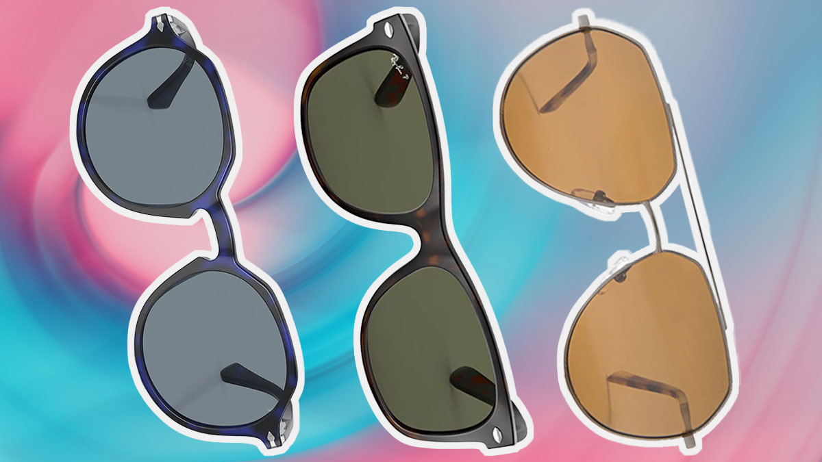 a collage of memorial day sunglasses sales on a swirl background