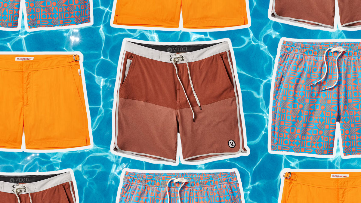 a collage of swim trunks on a pool background