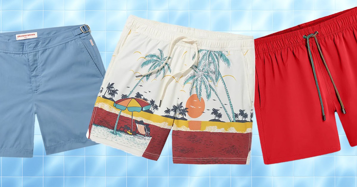 a collage of swim trunks on a pool background