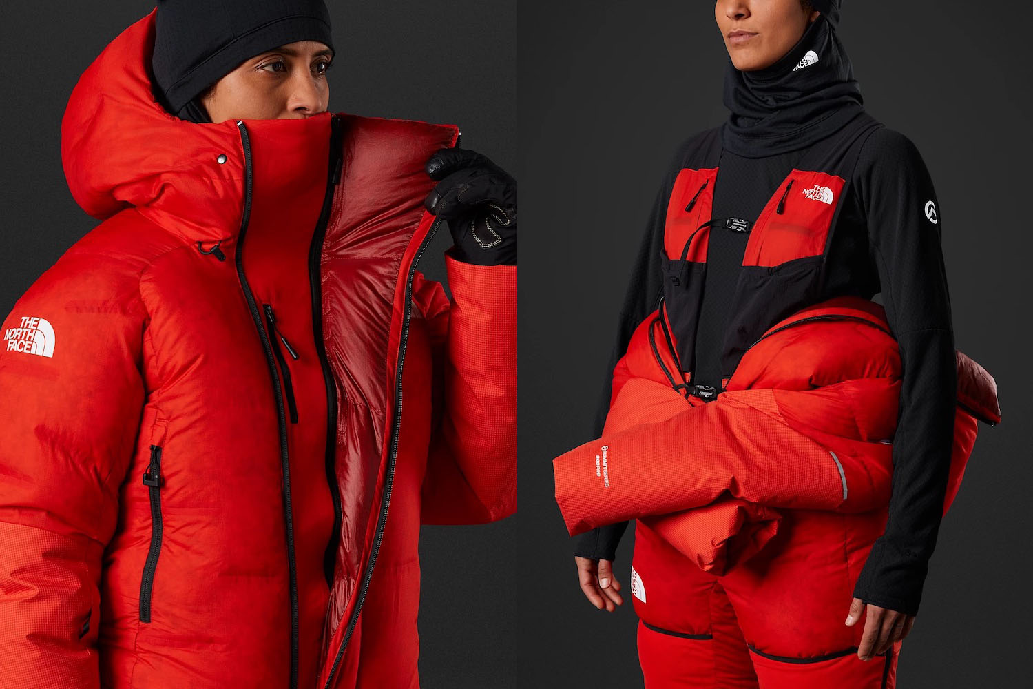 two model shots of The North Face Himalayan Suit on a black background