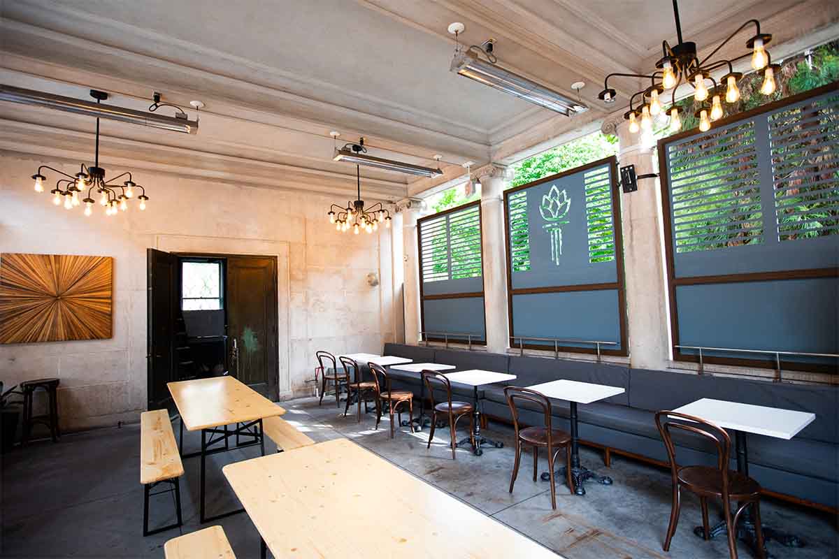 Inside Torch & Crown's Union Square beer garden, which features plenty of communal tables 
