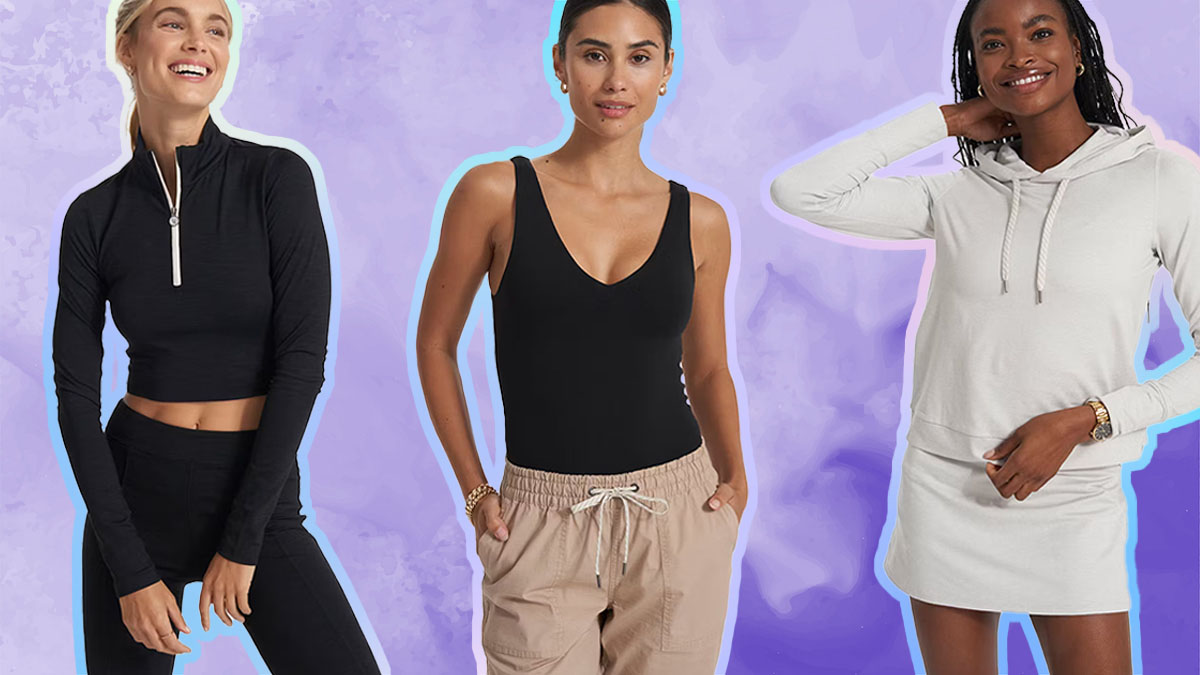 three models wearing Vuori gear on a purple background