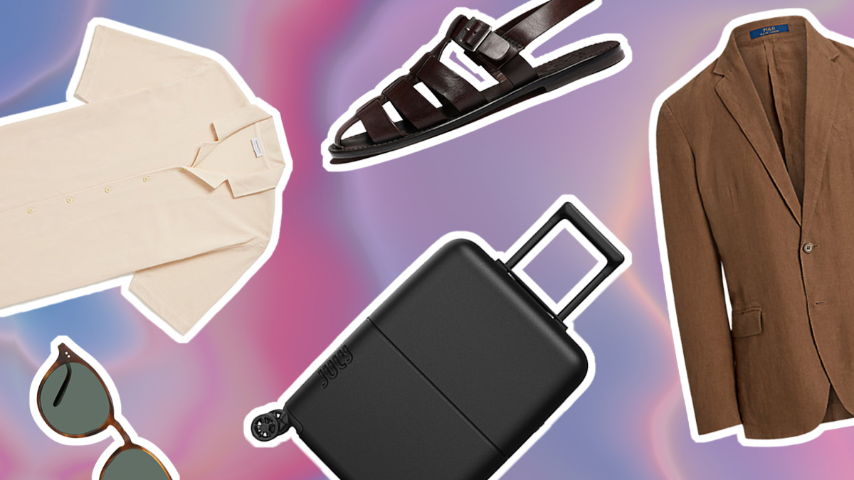 a collage of what to pack for a wedding for men on a purple background