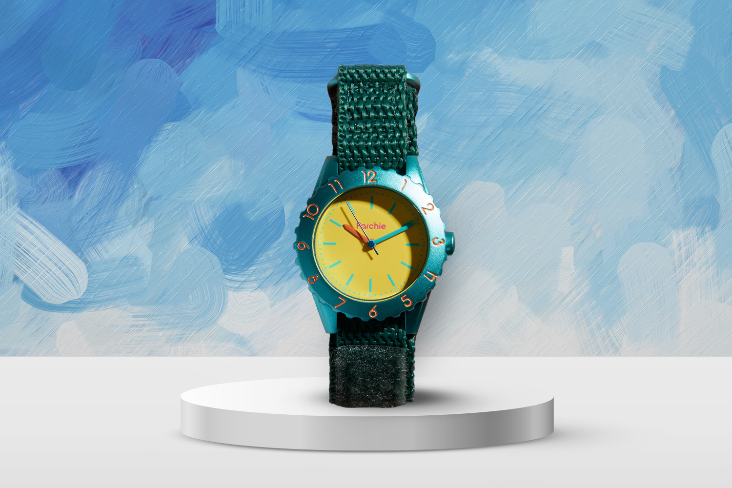 green watch band with blue and yellow watch face 