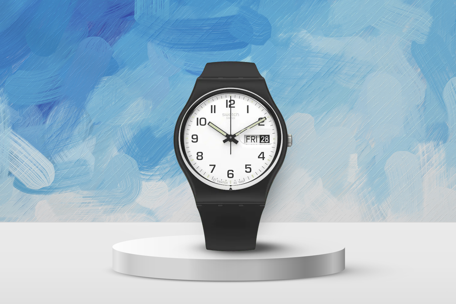 watch with black band and white clock