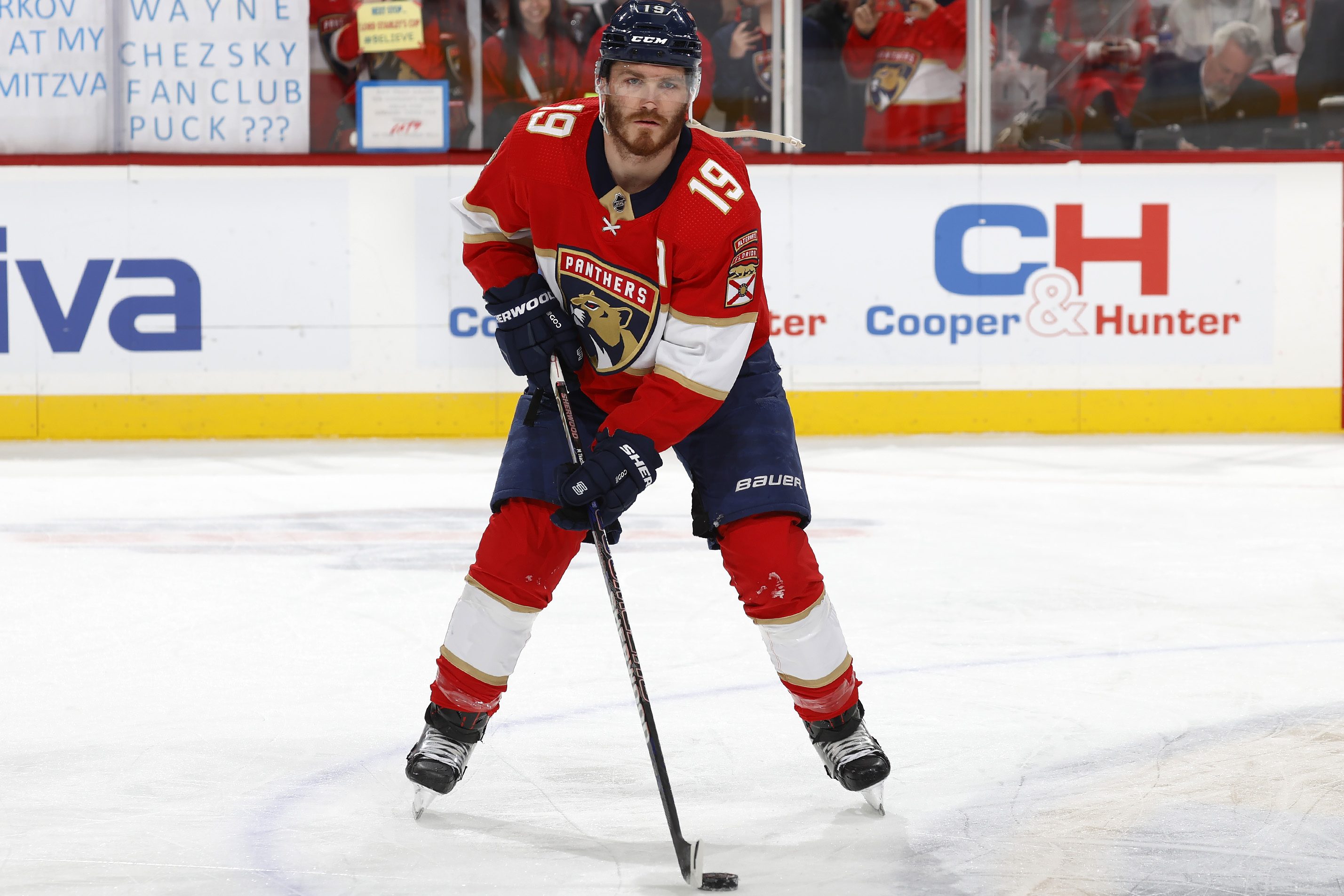 Matthew Tkachuk of the Florida Panthers warms up prior to a game.