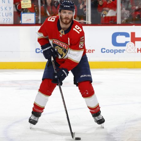 Matthew Tkachuk of the Florida Panthers warms up prior to a game.