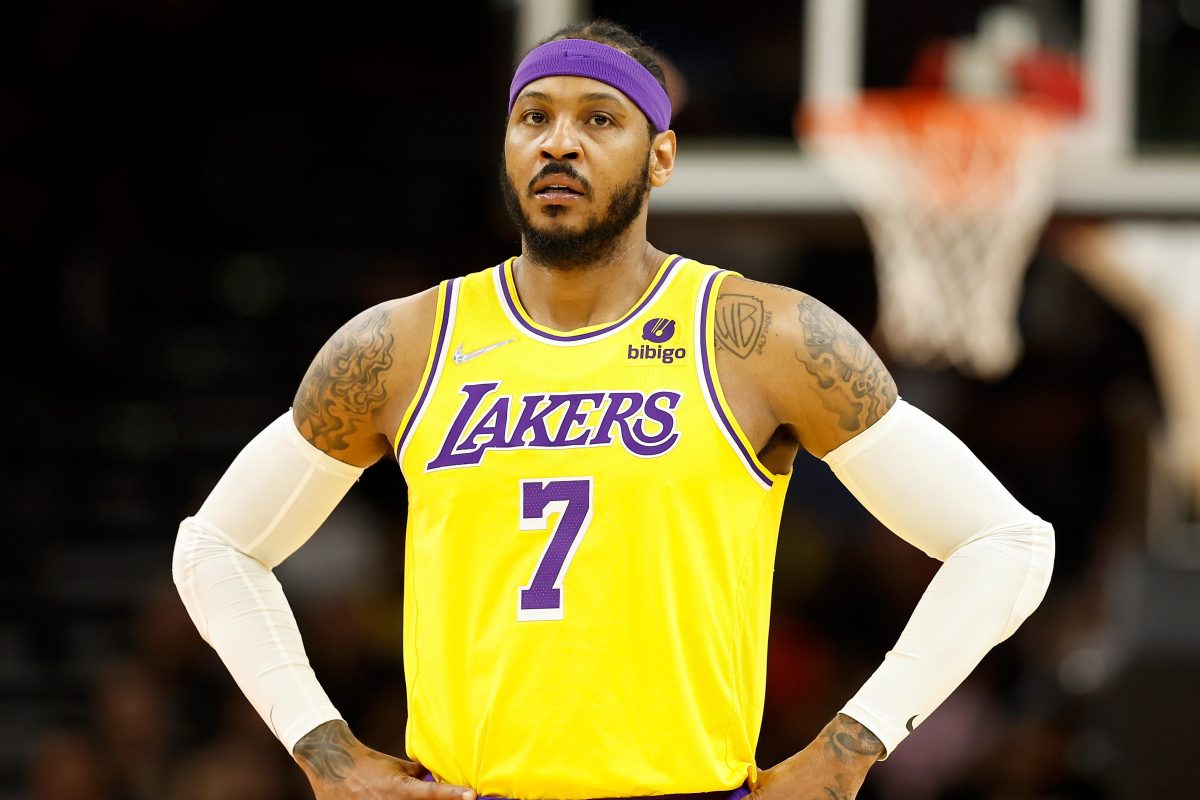 Carmelo Anthony on the court for the Los Angeles Lakers. Anthony announced his retirement from the NBA on May 22, 2023.