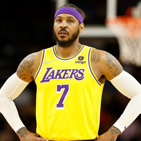 Carmelo Anthony on the court for the Los Angeles Lakers. Anthony announced his retirement from the NBA on May 22, 2023.