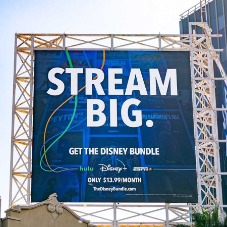 General view of a Disney streaming services billboard above the El Capitan Entertainment Centre promoting their combined content of Disney+, Hulu, and ESPN+ on October 01, 2021