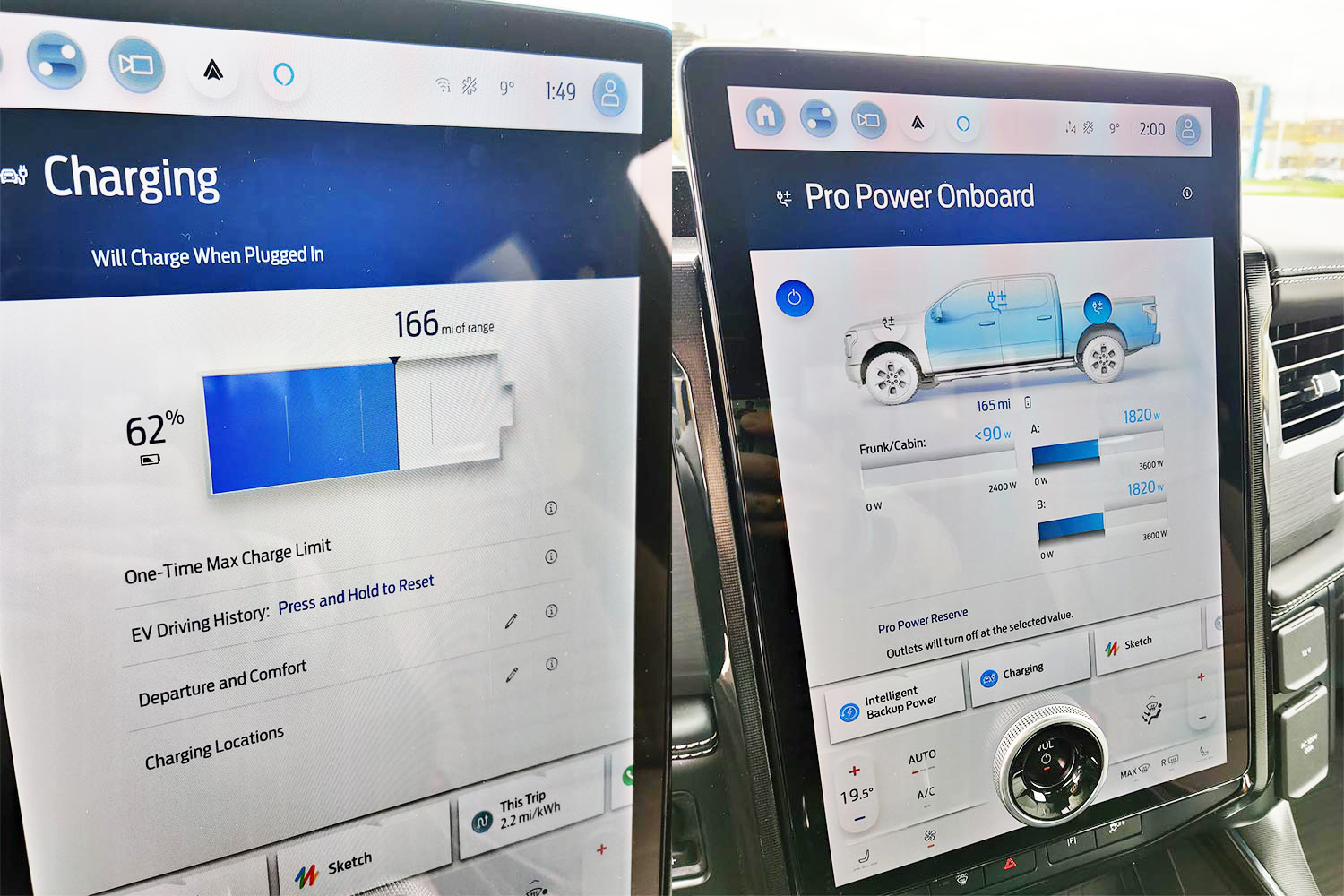The Ford F-150 Lightning touchscreen showing vehicle-to-vehicle charging