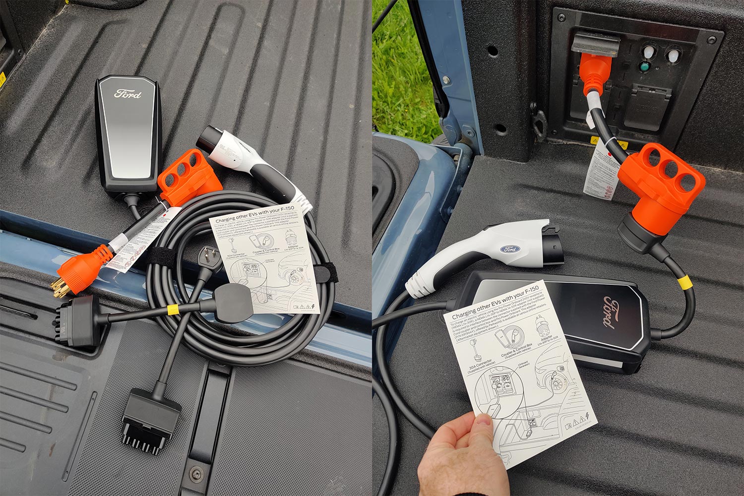 The EV charging gear provided with the Ford F-150 Lightning, with an orange L14-30 to 14-50 adapter