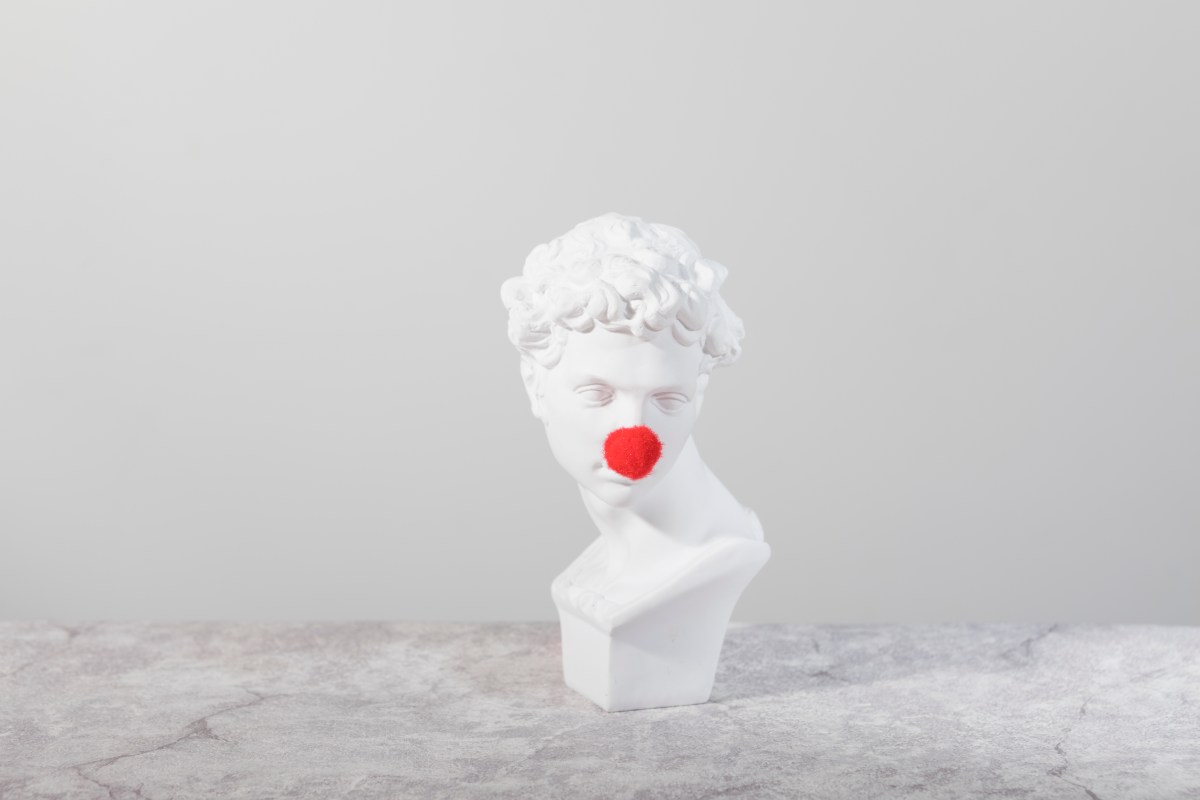 A Greek bust with a clown nose.