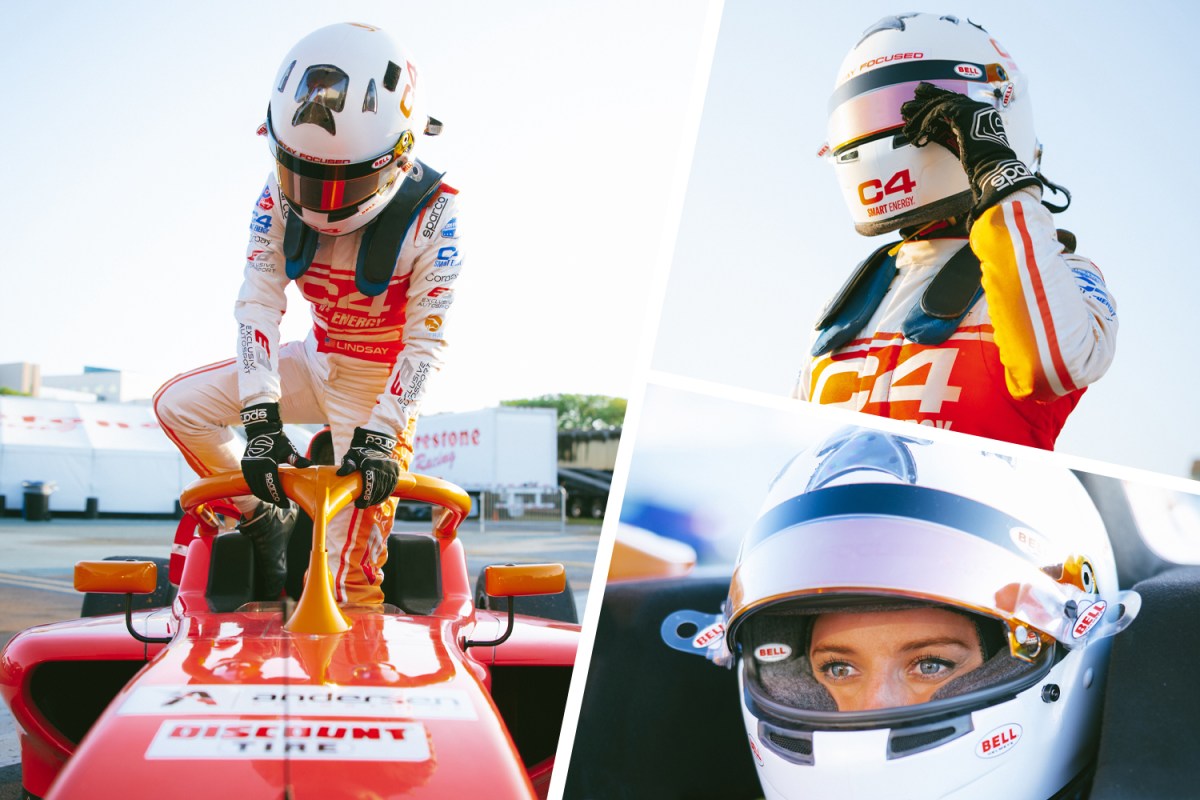 A three-panel photo featuring shots of race car driver Lindsay Brewer.