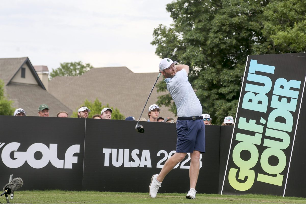 Branden Grace hits a tee shot at the LIV Golf Invitational in Tulsa.