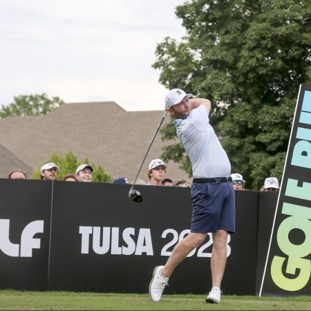 Branden Grace hits a tee shot at the LIV Golf Invitational in Tulsa.